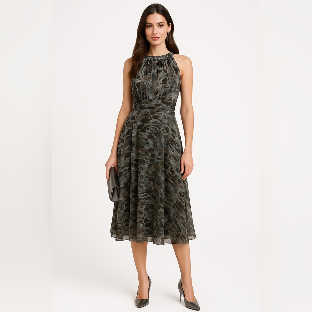 Sleeveless Dress camouflage Print Midi Dress Rouched Waistline Flowy Skirt